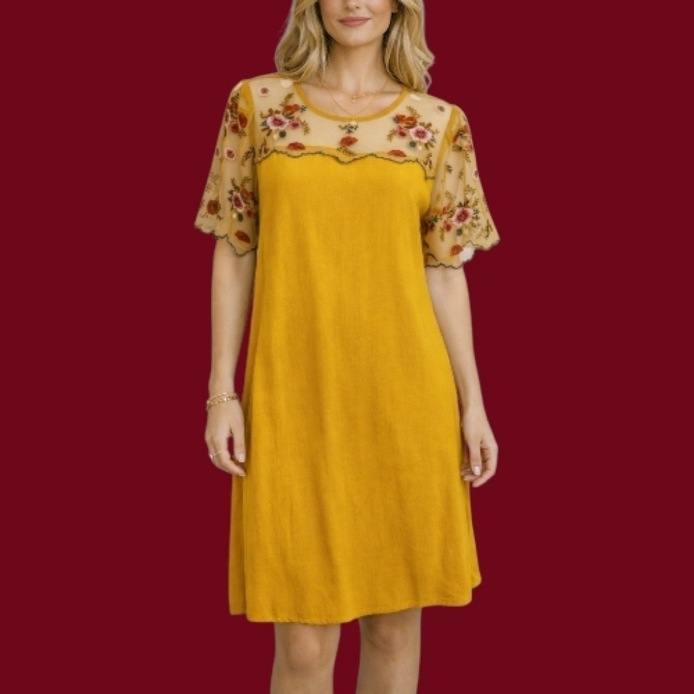 UMGEE Romantic Mustard Yellow Embroidered Peekaboo Lace Micro Jumper Dress